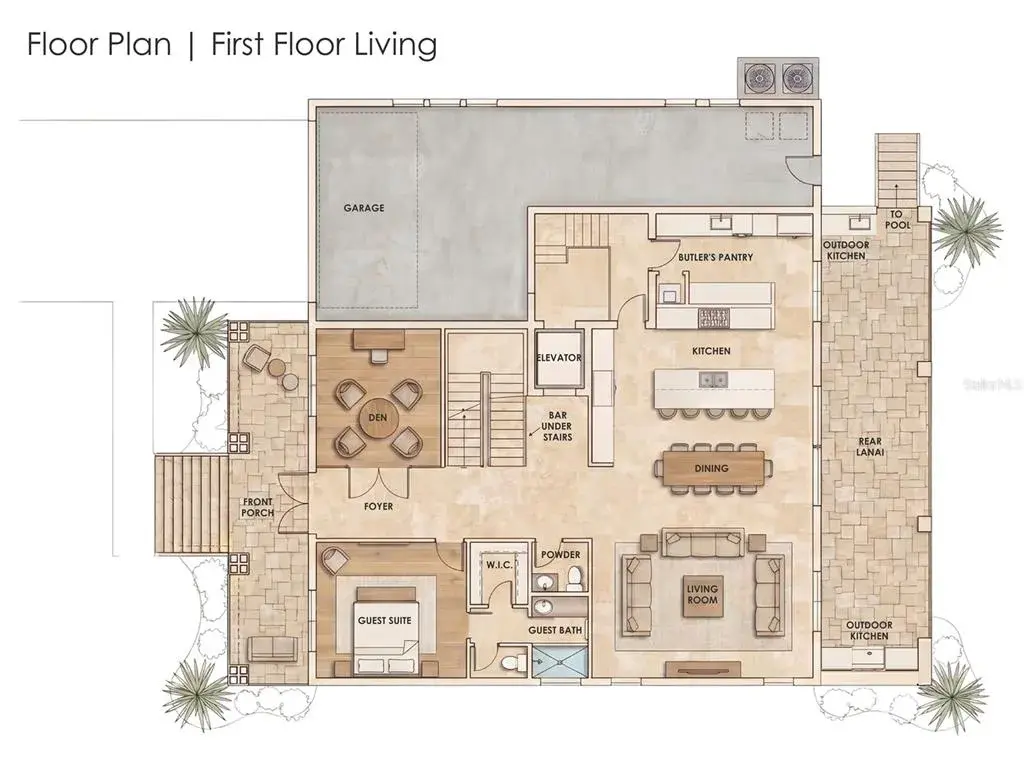 First Floor offers Main living w fireplace, dining area, under stair Wet Bar, Kitchen and Butler Pantry w/fridge, sink and dishwasher, and storage, Guest Suite w/En Suite bath, Private office/den/ Guest half bath, Elevator