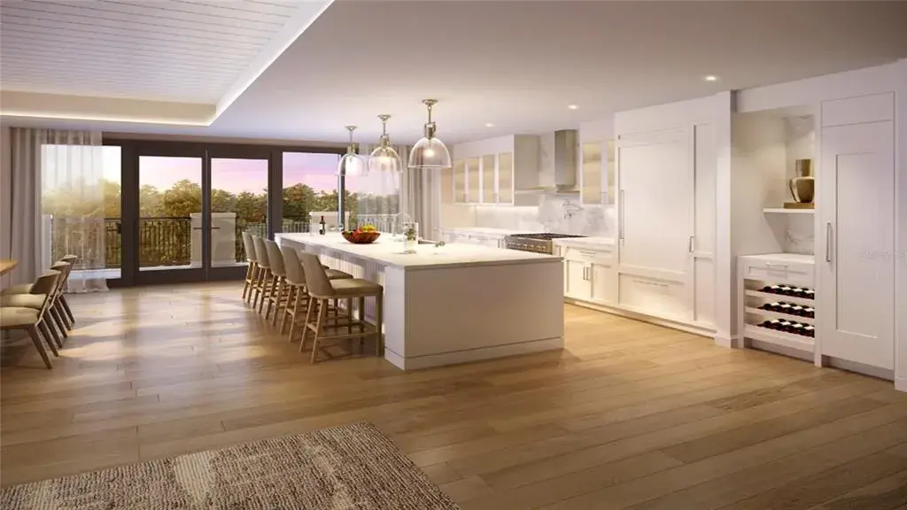 Artist Rendering. Custom frameless contemporary wood cabinetry with full-extension drawer glides, soft-close drawer and doors, complemented by under-cabinet lighting.