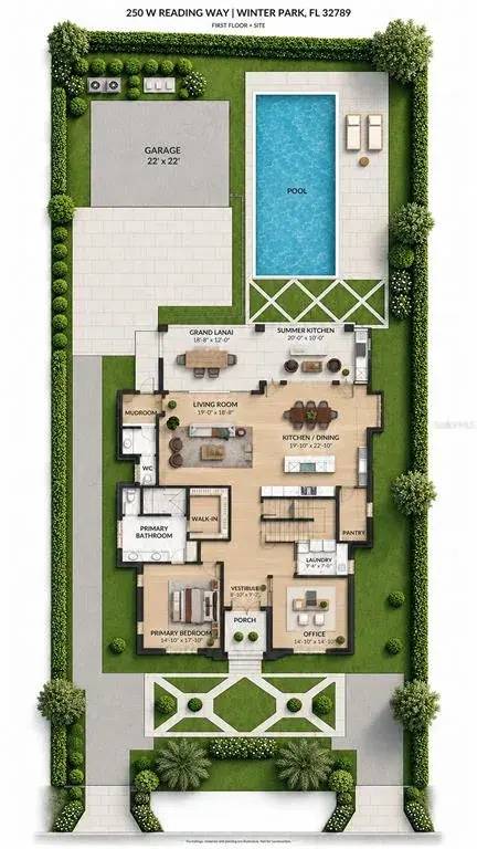 First-floor rendering featuring a main-level primary suite, office, open living and kitchen/dining areas, lanai and summer kitchen. Furnishings, finishes and landscaping are illustrative; dimensions approximate.