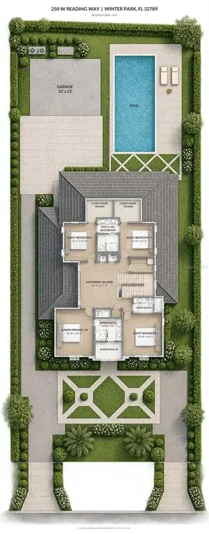 Second-floor rendering featuring a junior primary suite, three guest bedrooms, gathering room and Jack-and-Jill bath. Furnishings, finishes and landscaping are illustrative; dimensions approximate.
