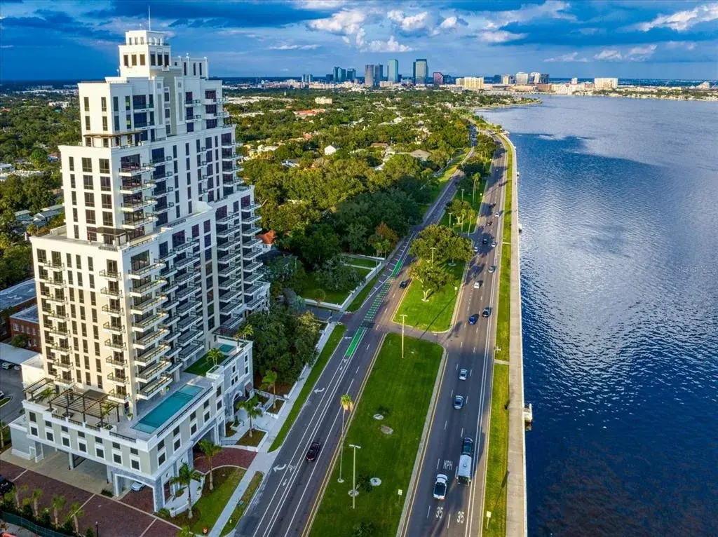 Drone image of building facing downtown