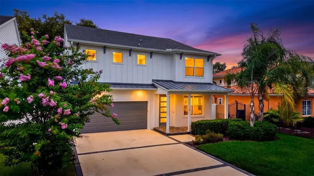 Dusk front view of the home.