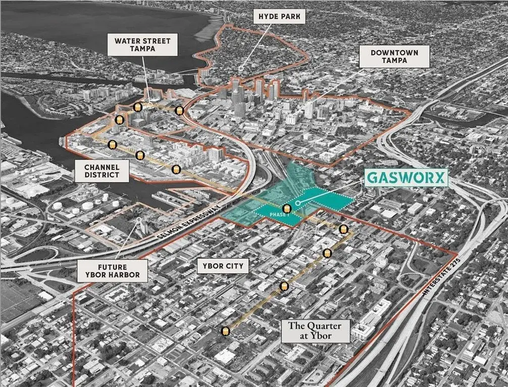 The Quarter at Ybor is located just two blocks to the Ybor Trolley that will include free service to Gasworx's retail, dining, and social gathering spaces.