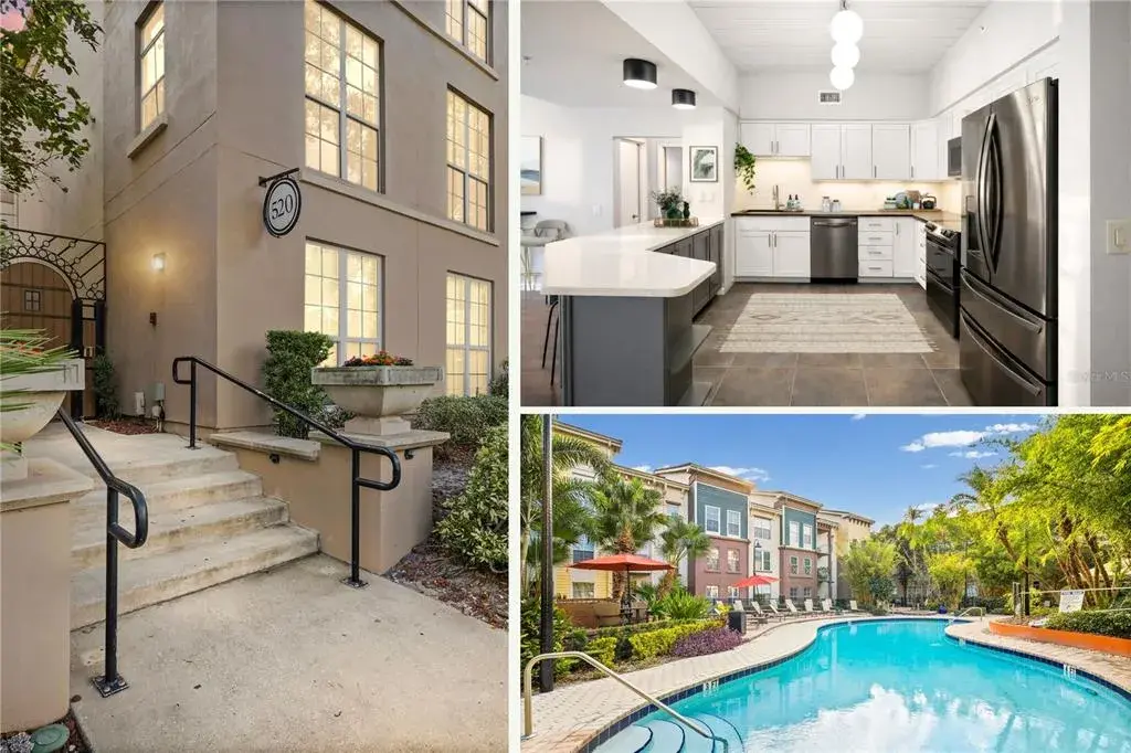 Front, renovated kitchen, and community pool