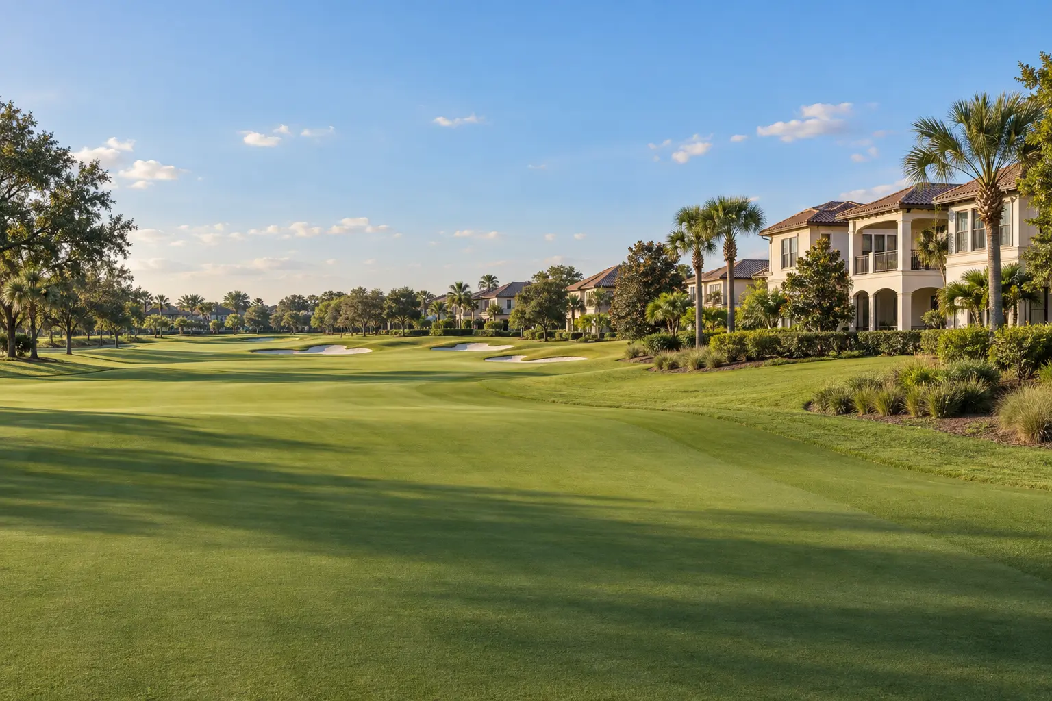 Illustrative view of Florida resort homes beside a landscaped golf fairway, with palms and warm afternoon light, inspired by Reunion Resort.