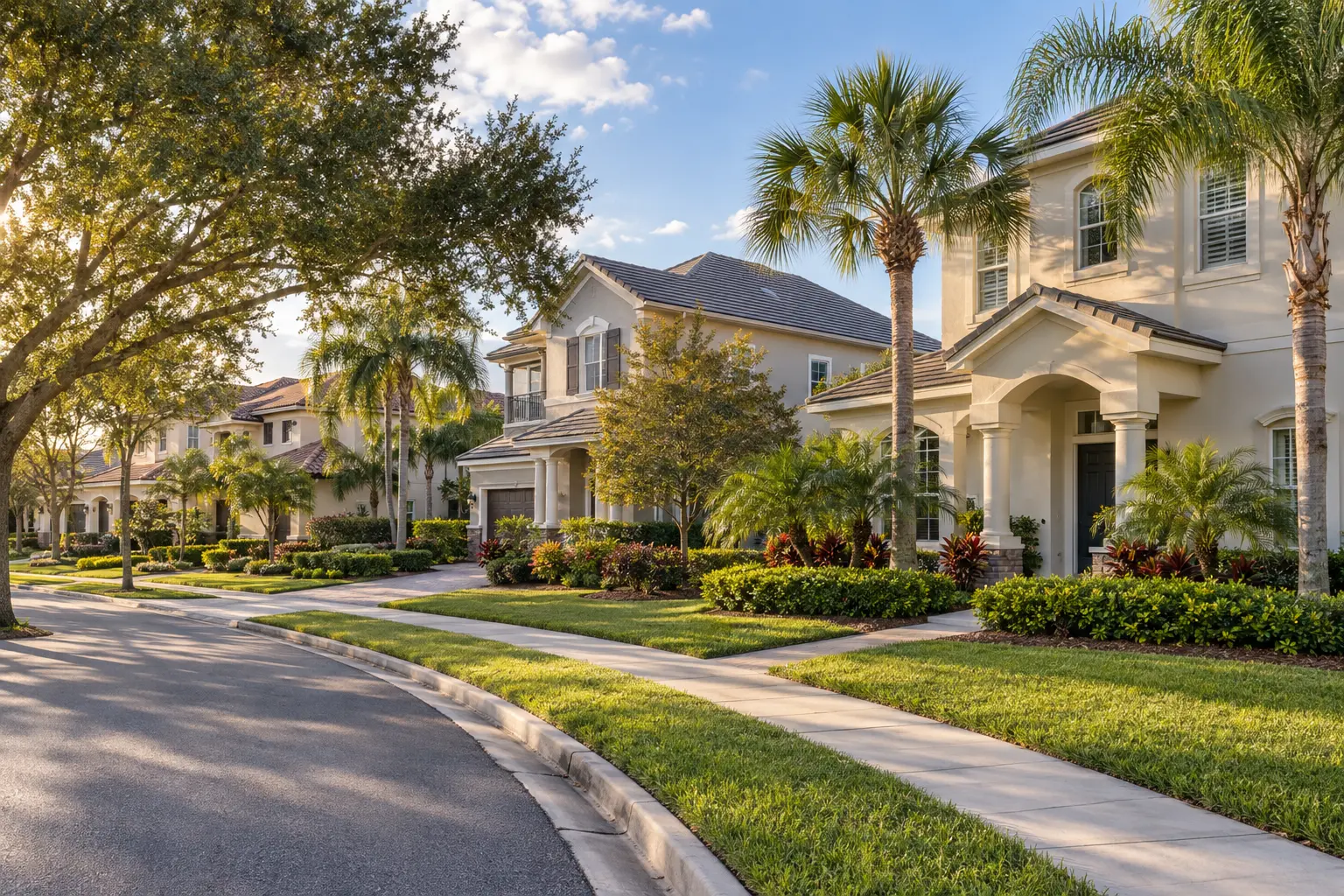 Illustrative Florida residential streetscape with detached homes, landscaped front yards, palms and a gently curving sidewalk.