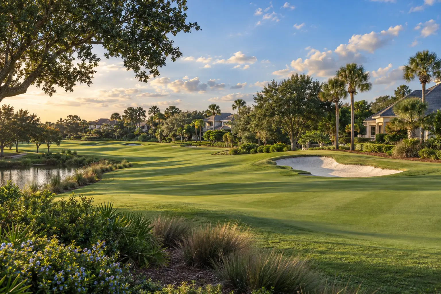 Illustrative Florida resort golf landscape with a sweeping fairway, sand bunker, palms and homes beyond landscaped greenery.