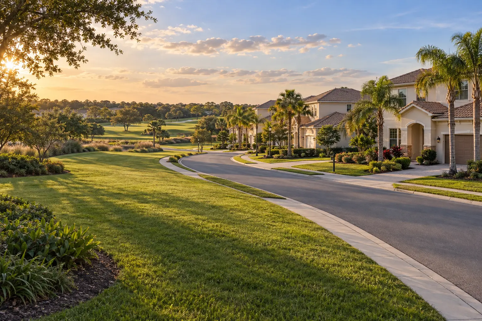 Illustrative Florida neighborhood scene with light-colored homes, palm-lined streets and landscaped golf surroundings, evoking ChampionsGate.