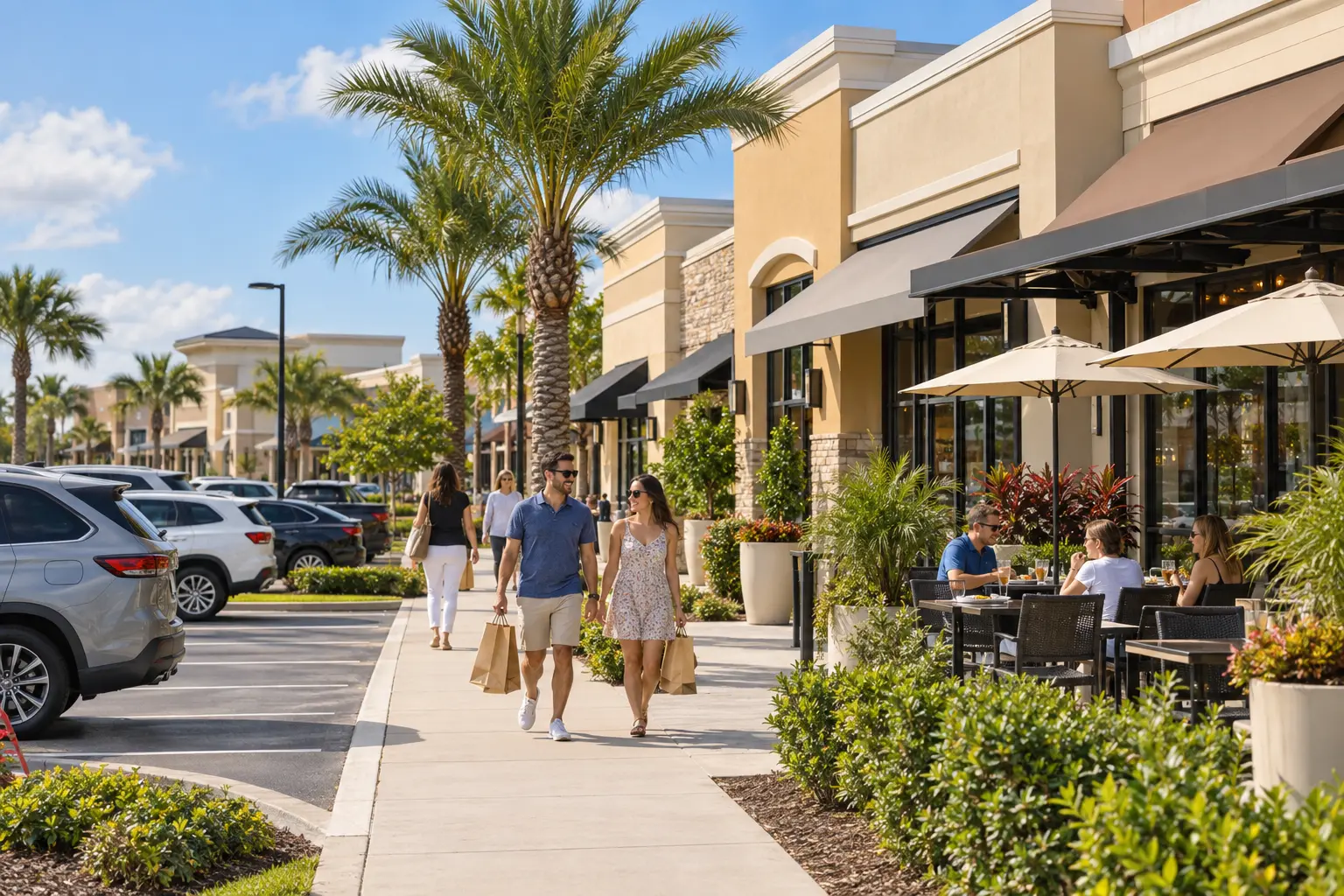 Illustrative ChampionsGate shopping streetscape with palm trees, low-rise storefronts, outdoor dining and a landscaped parking area.