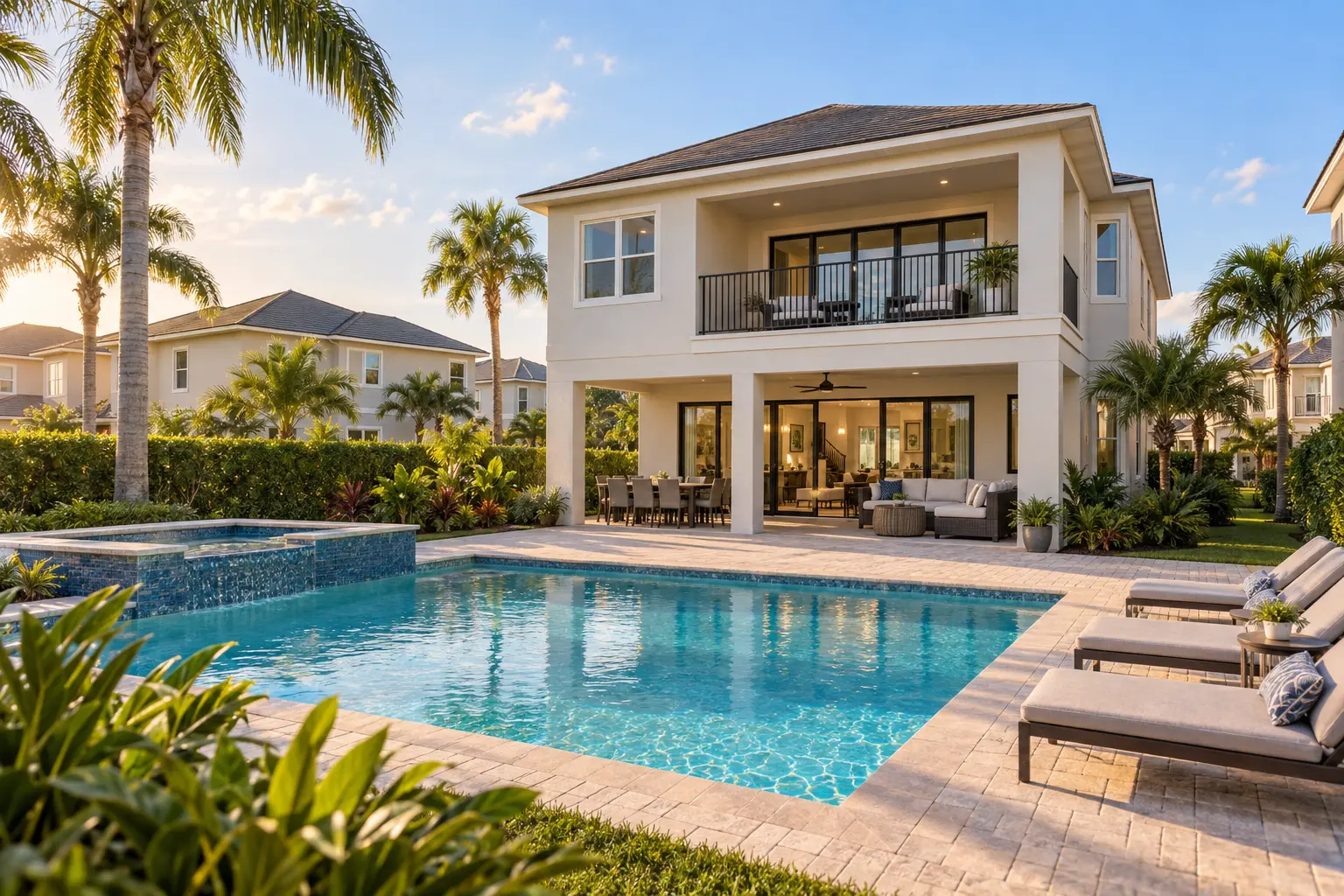 Illustrative Florida resort homes with a private swimming pool, sunny terrace and palm landscaping, inspired by Encore Resort at Reunion.