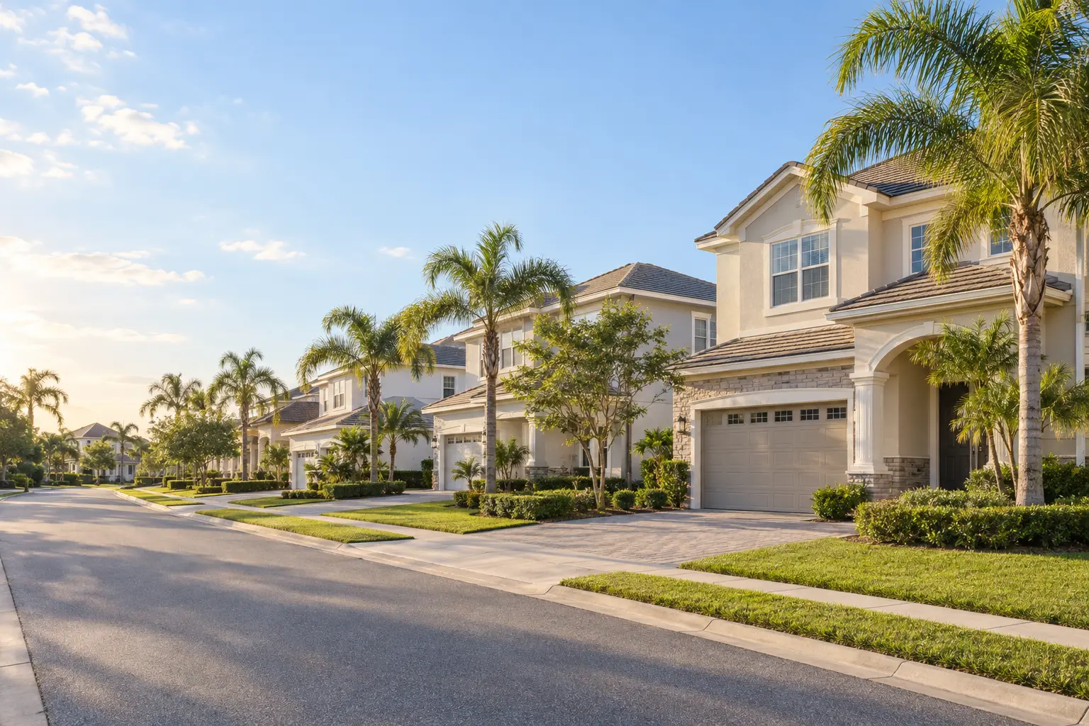 Illustrative view of spacious Florida resort-style homes with palm trees, manicured lawns and landscaped driveways.