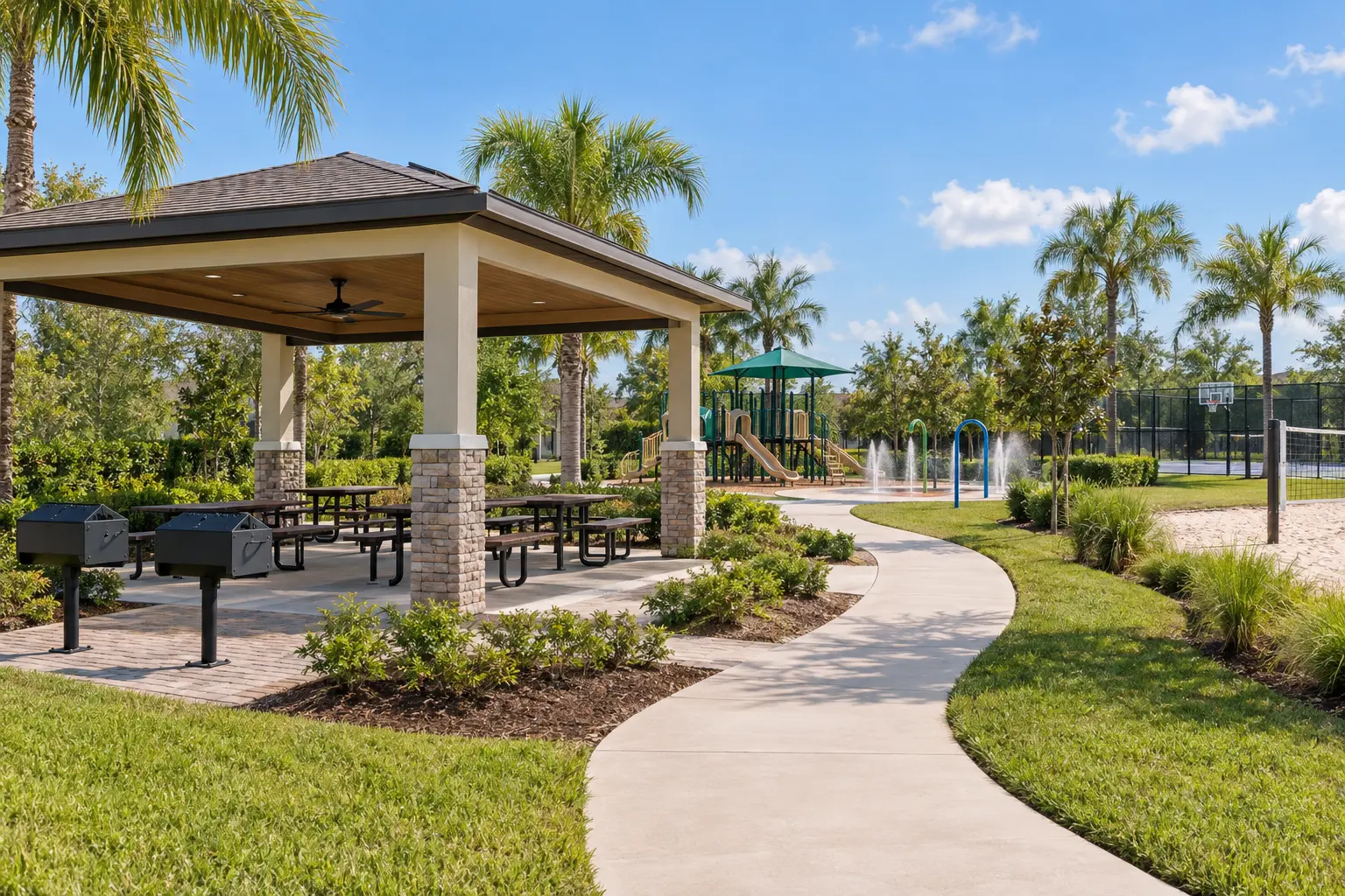 Illustrative view of a covered picnic pavilion with barbecue grills beside a playground, splash pad and outdoor sports areas in a Florida community.