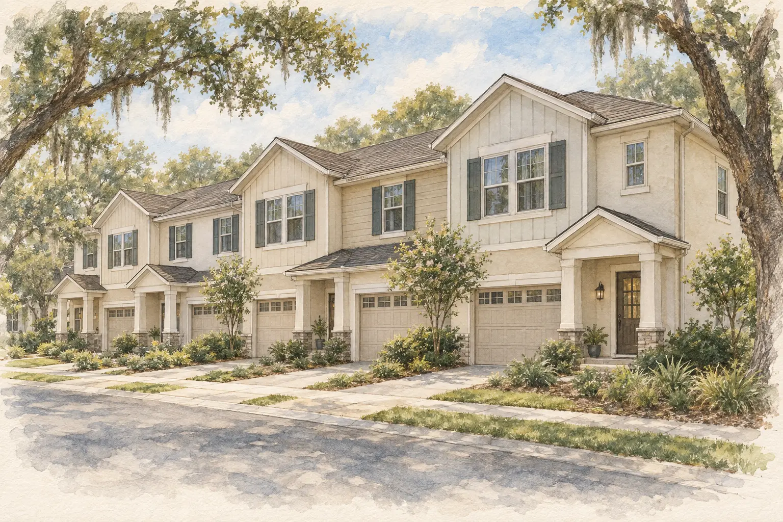 Conceptual architectural illustration of attached townhomes with landscaped entrances and mature oaks, not a depiction of actual IronCrest homes.
