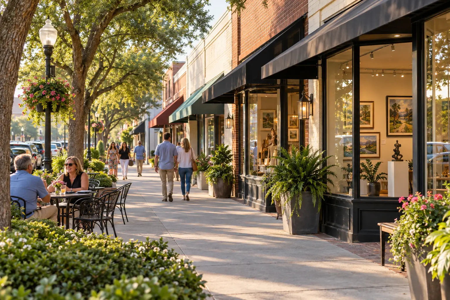 Illustrative downtown Ocala streetscape with historic storefronts, shaded sidewalks, outdoor café seating and strolling visitors.