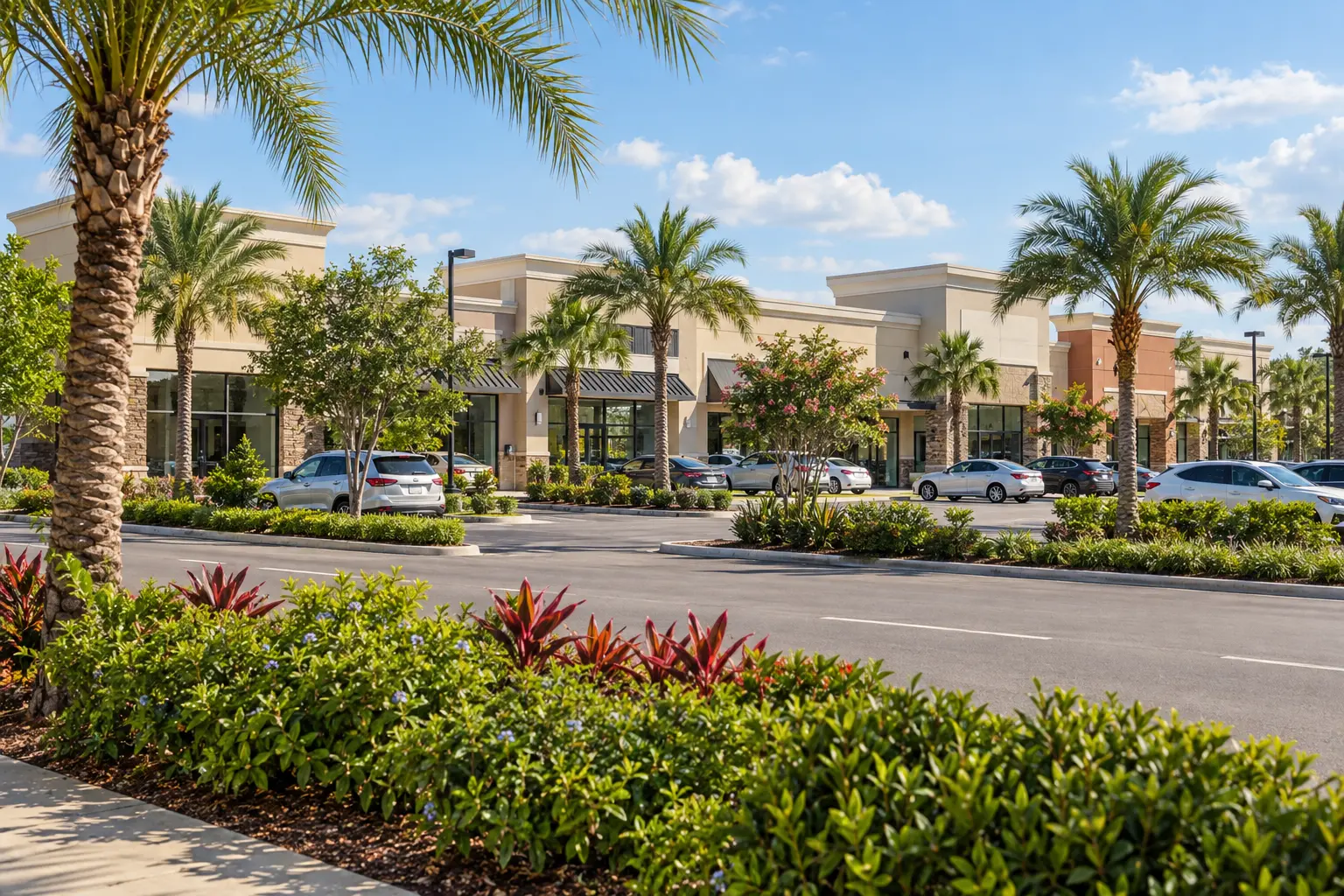 Illustrative Kissimmee shopping scene with low-rise storefronts, palm-lined sidewalks and a landscaped suburban road.