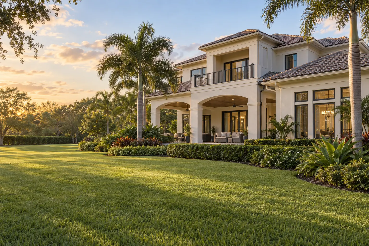 Illustrative Florida estate home with landscaped grounds, palms and a covered terrace, evoking Bear’s Den at Reunion.
