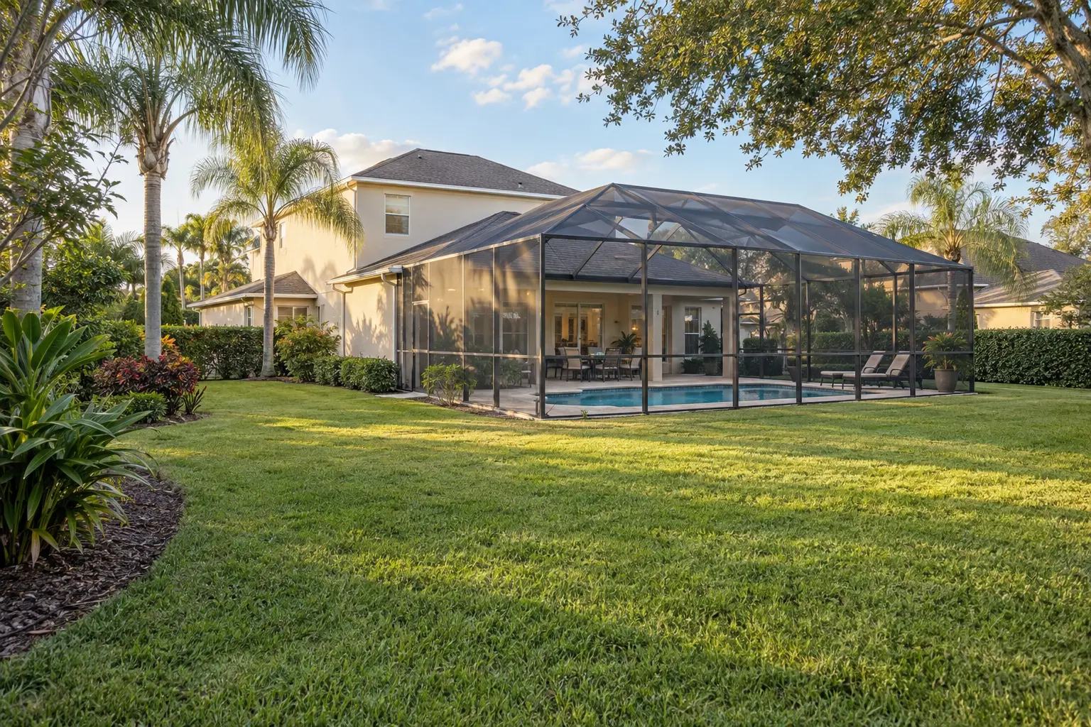 Illustrative Kissimmee pool home with a screened enclosure, spacious lawn and mature tropical landscaping.