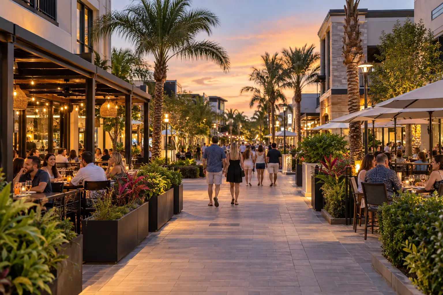Illustrative Florida dining promenade with outdoor restaurant seating, palm trees and pedestrians in warm evening light.