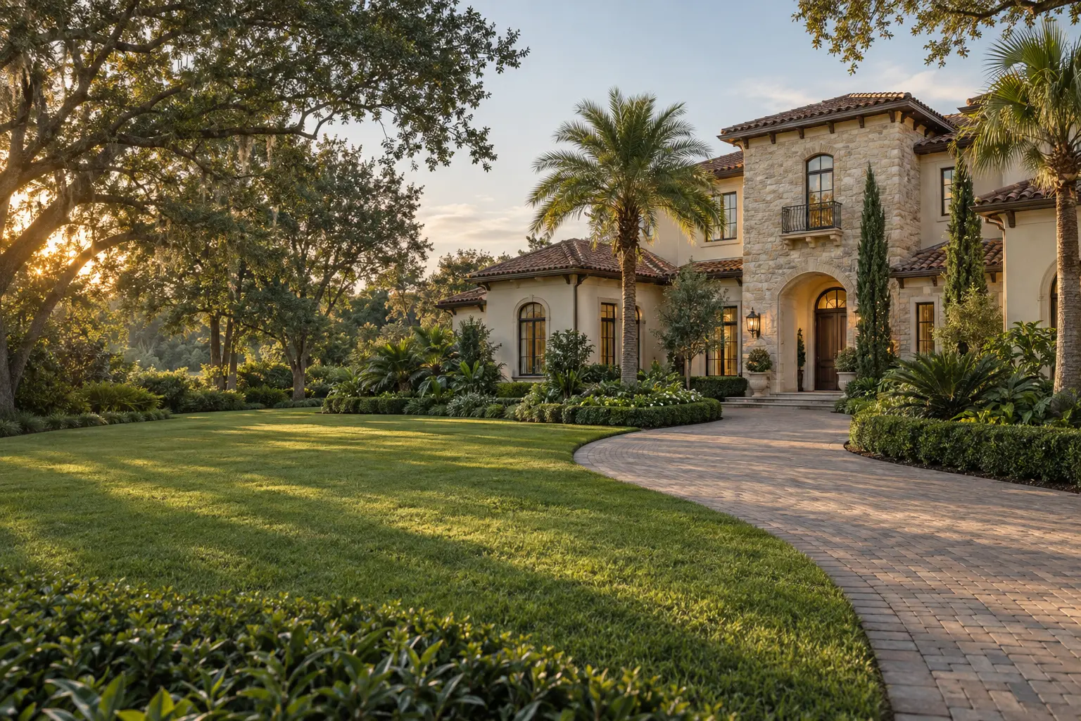 Illustrative Tuscan-inspired luxury home with a tiled roof, landscaped lawn, palms and mature oaks in a Central Florida setting.