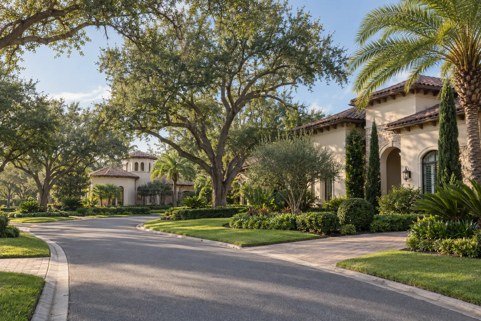 Illustrative Central Florida residential streetscape with Tuscan-inspired homes, mature shade trees, palms and landscaped gardens.