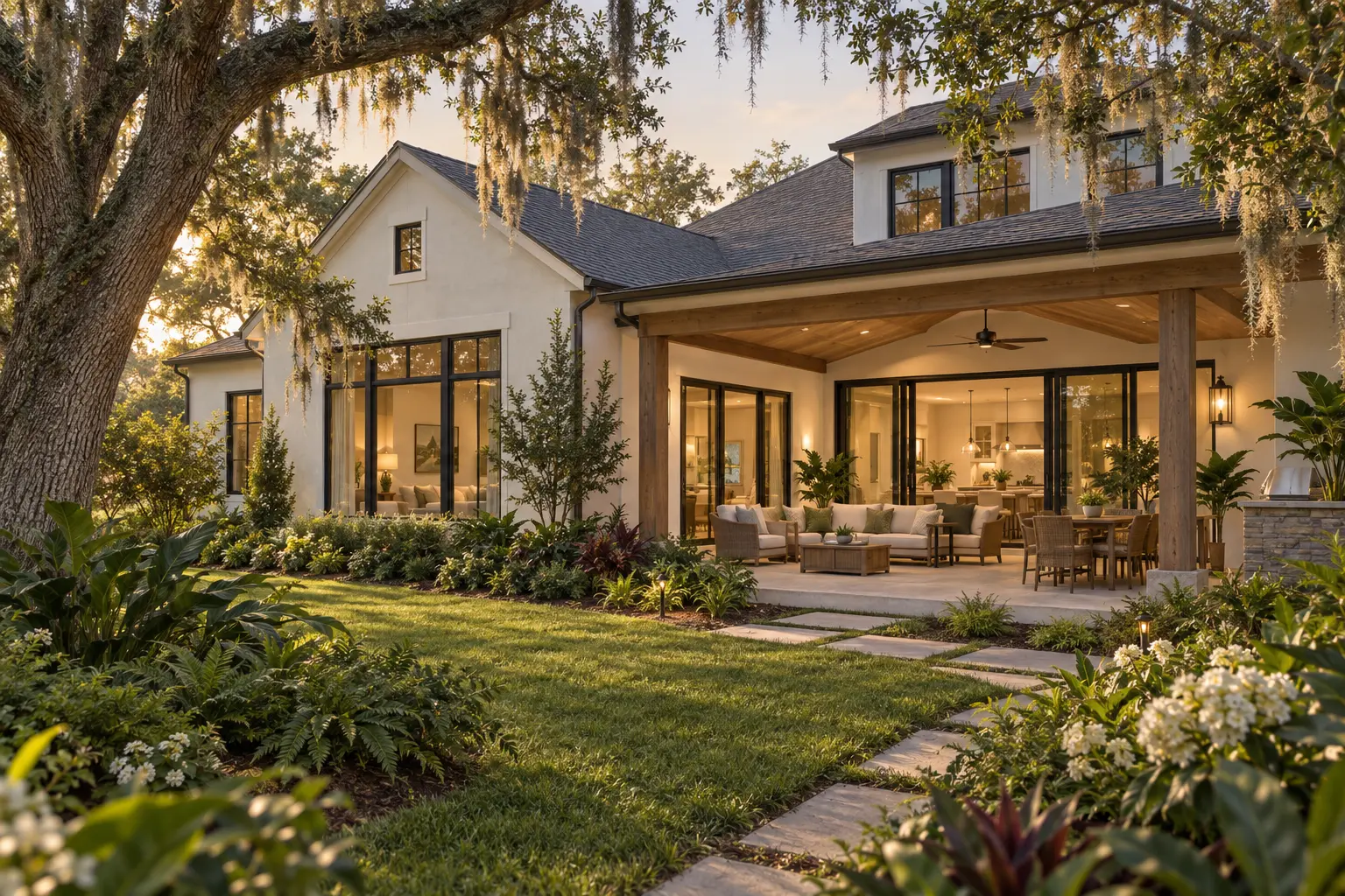 Illustrative custom-home rendering with a covered patio, broad glass doors and mature live oaks draped in Spanish moss.