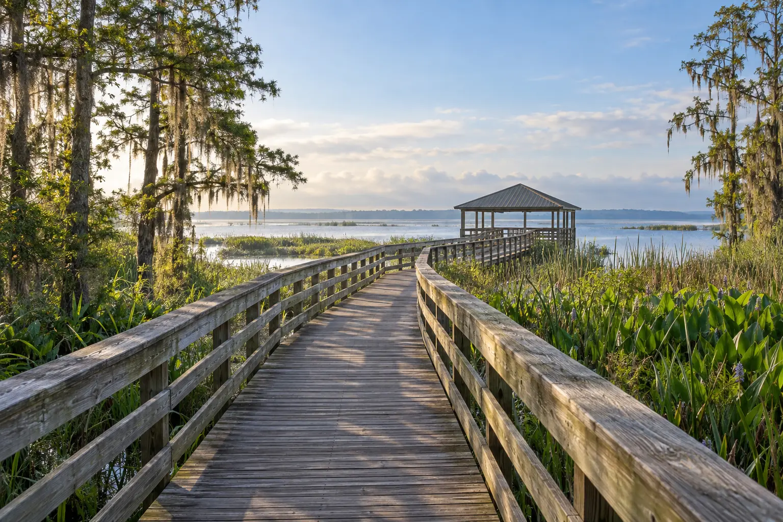 Illustrative view of a wooden boardwalk through Central Florida wetlands toward a covered pavilion and a broad lake.
