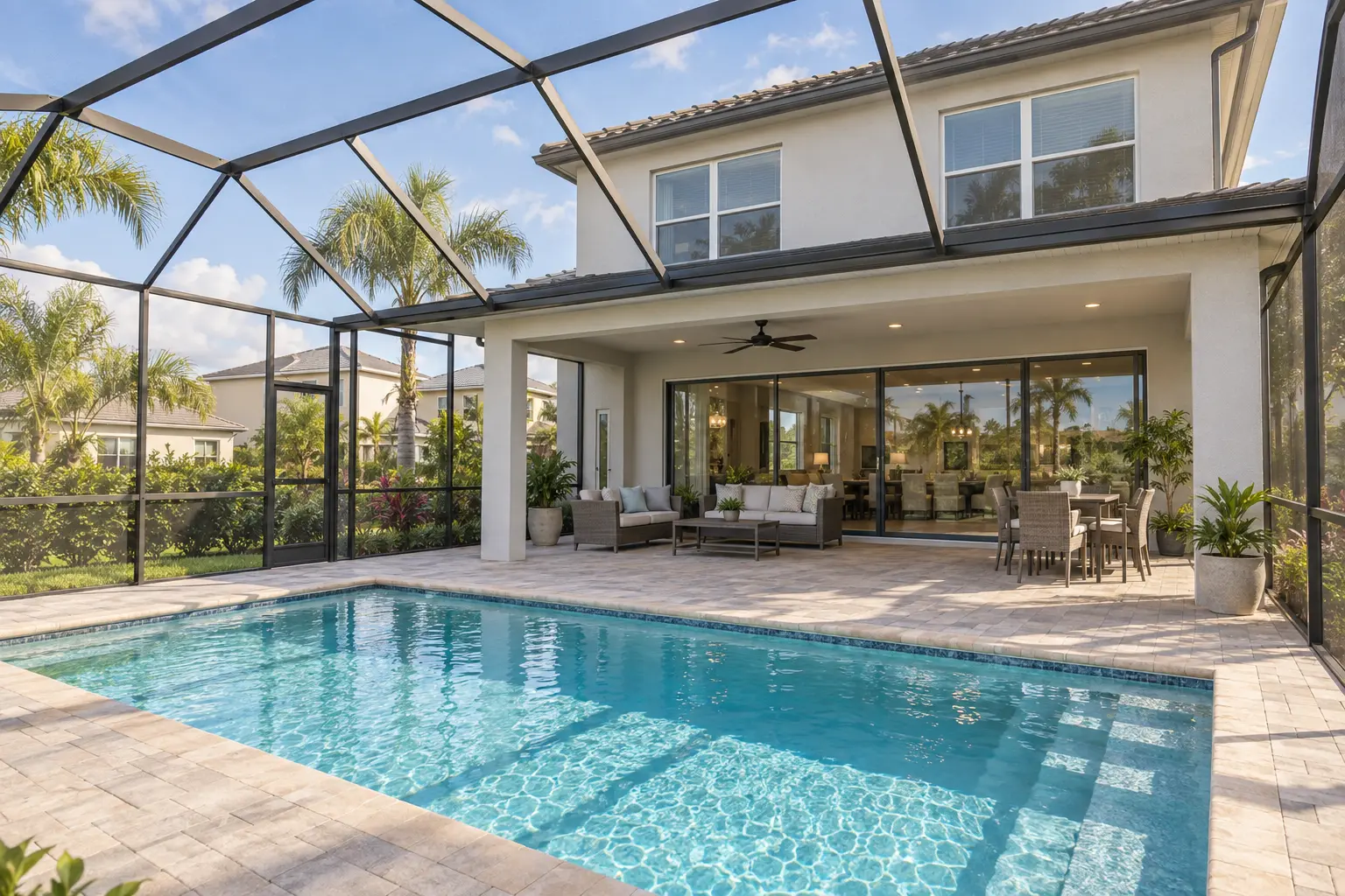 Illustrative contemporary Florida home exterior with a screened private pool, paved patio and tropical landscaping.