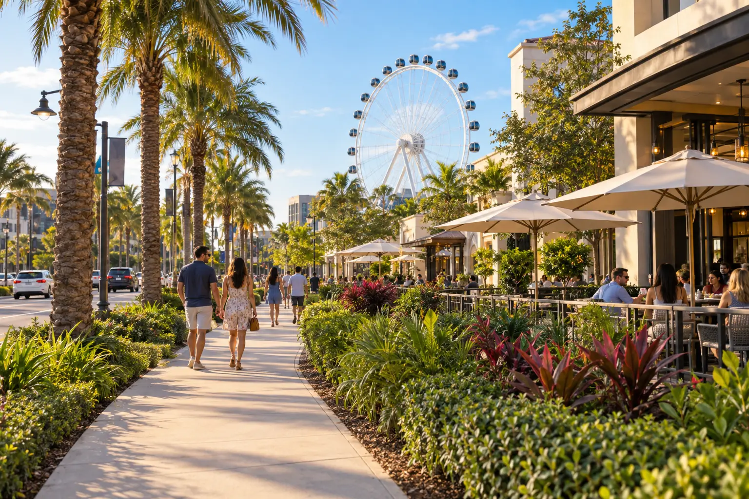 Illustrative view of Orlando’s International Drive area, with palm-lined sidewalks, outdoor dining and an observation wheel in the distance.