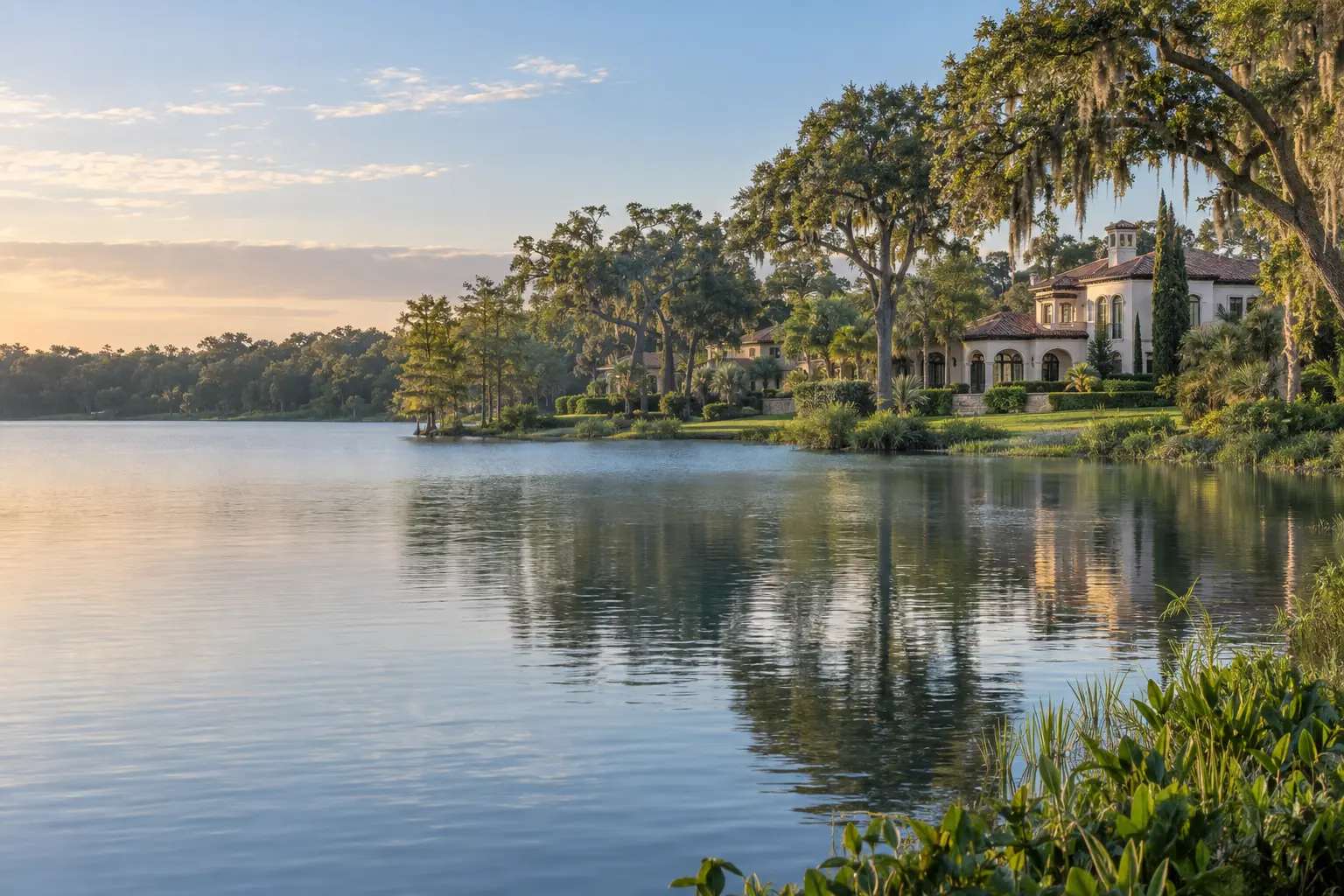 Illustrative lake setting inspired by Isleworth in Windermere, Florida, with estate homes nestled among mature oaks, cypress trees and landscaped grounds.