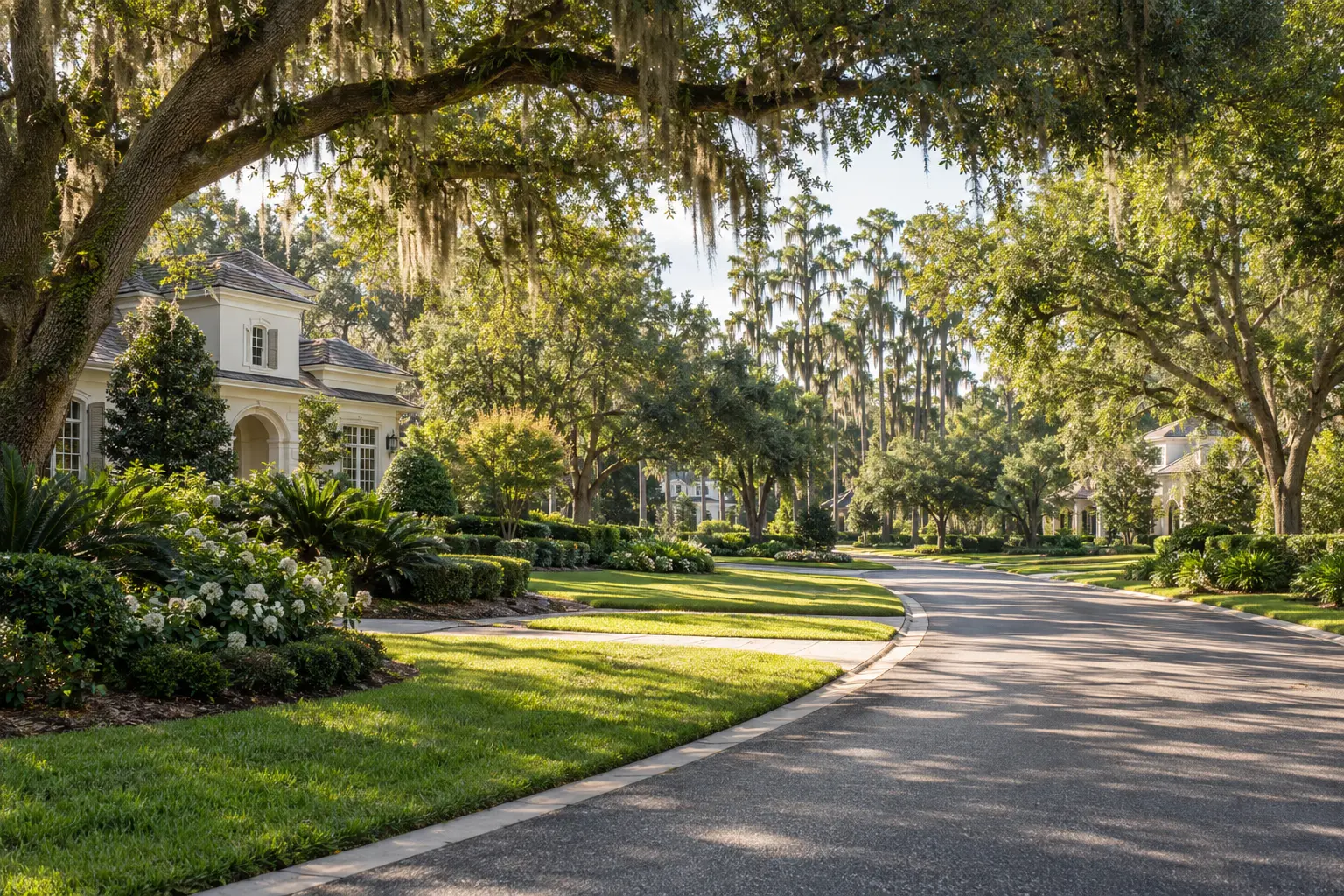 Illustrative estate-home streetscape with mature oak trees, landscaped lawns and spacious homes set back from a gently curving road.