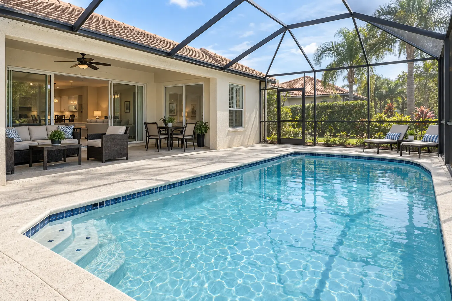 Illustrative Florida home exterior with a private screened swimming pool, covered patio seating and sliding doors connecting to indoor living space.