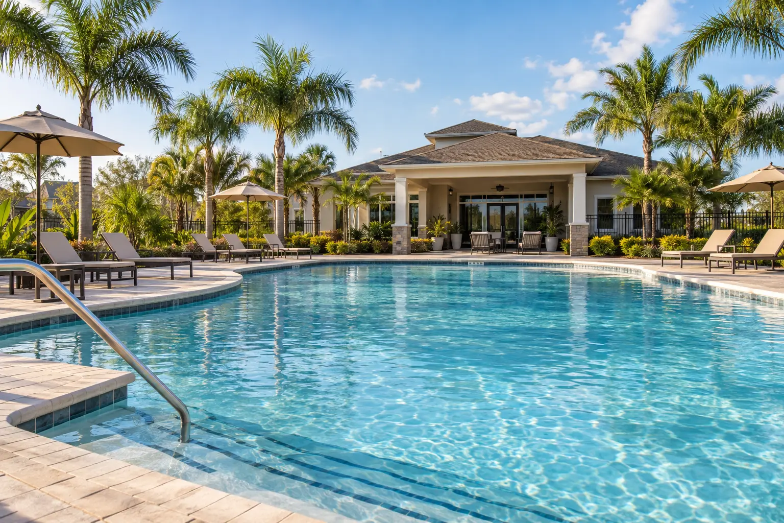 Illustrative Florida community pool with clear blue water, a sunlit deck, lounge chairs and tropical landscaping.