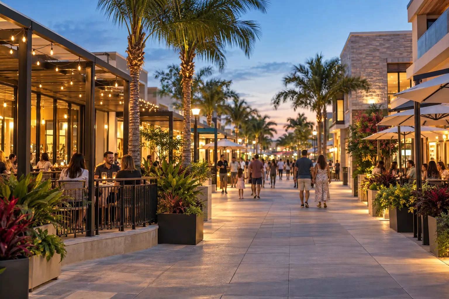 Illustrative outdoor shopping and dining promenade in the Kissimmee area, with palm trees, restaurant patios and people strolling at dusk.