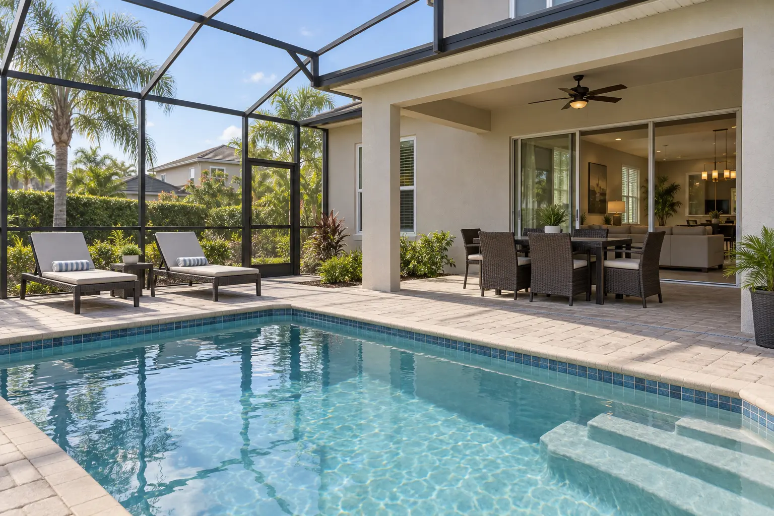 Illustrative Florida vacation home exterior with a screened private pool, covered lanai and outdoor seating.