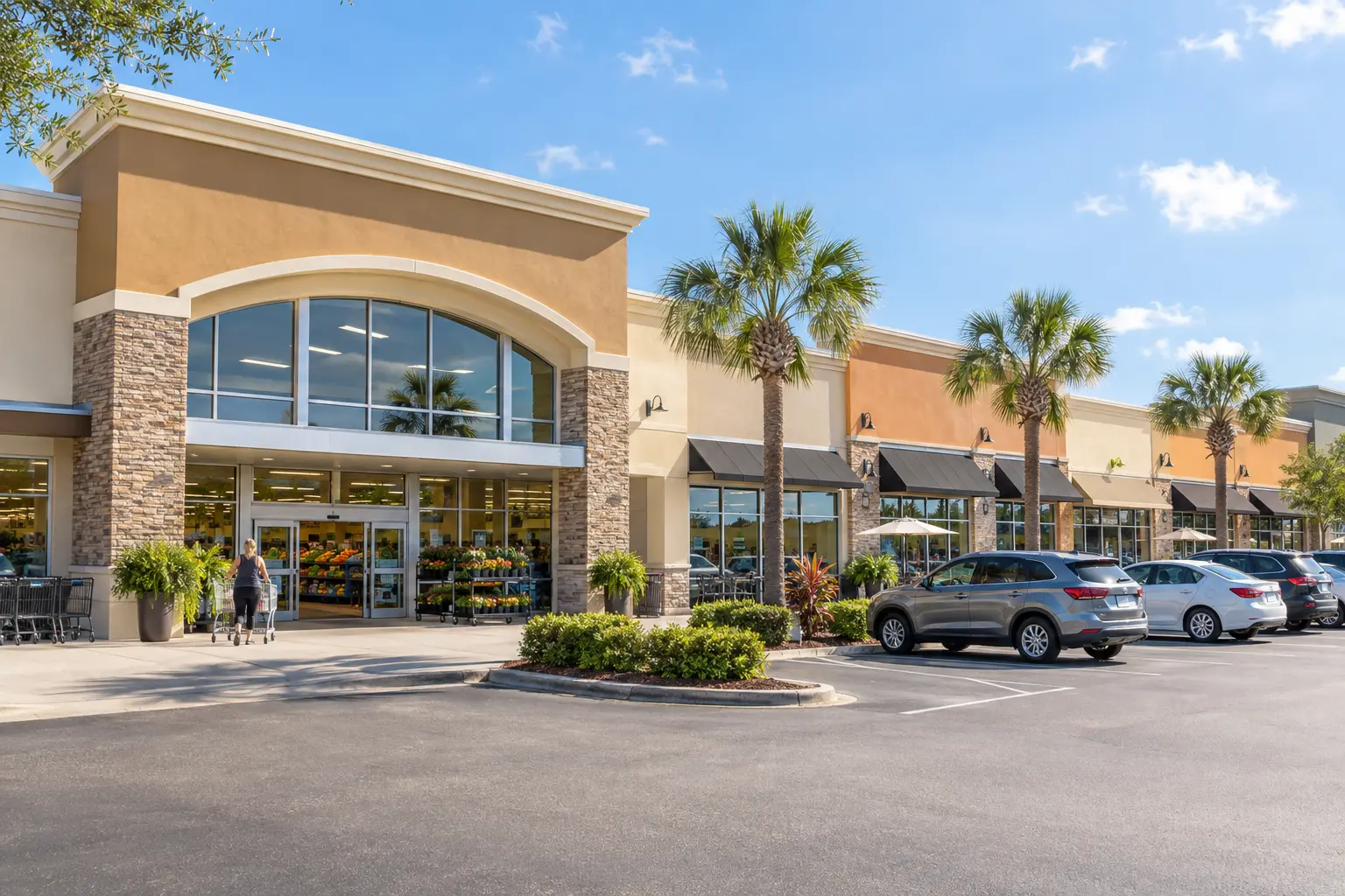 Illustrative Central Florida shopping plaza with supermarket-style frontage, smaller storefronts, palm landscaping and parking.