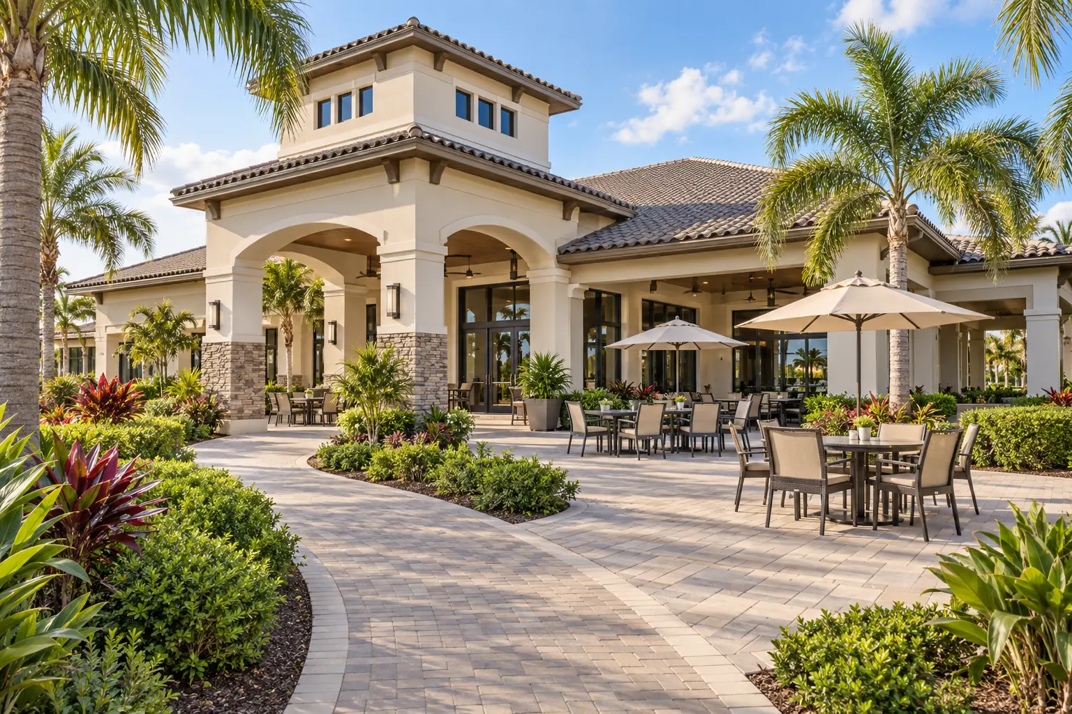 Illustrative Florida resort clubhouse with a shaded outdoor dining terrace, tropical landscaping and welcoming gathering spaces.