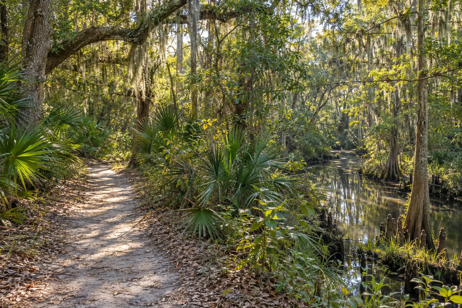 Illustrative Central Florida woodland trail winding through palmettos and moss-draped trees beside a quiet creek.