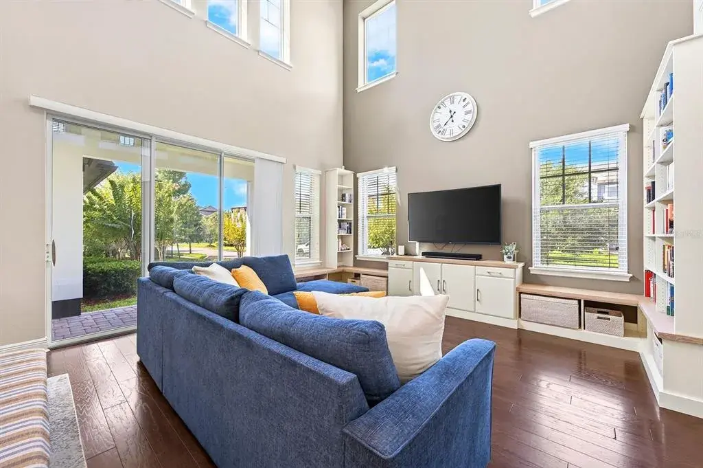 Two story living room.