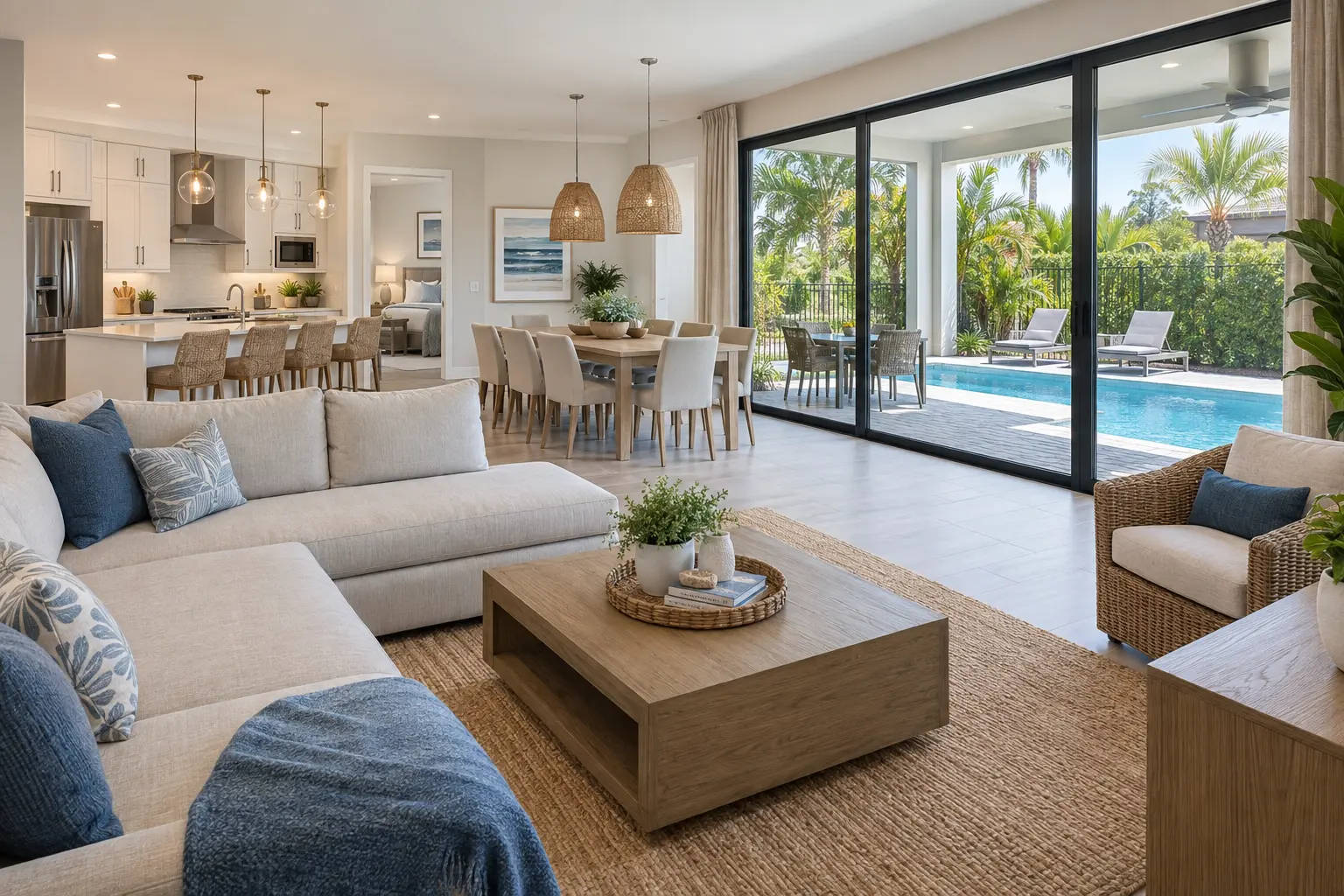 Illustrative resort villa interior with spacious living and dining areas, a full kitchen and glass doors overlooking a private pool.