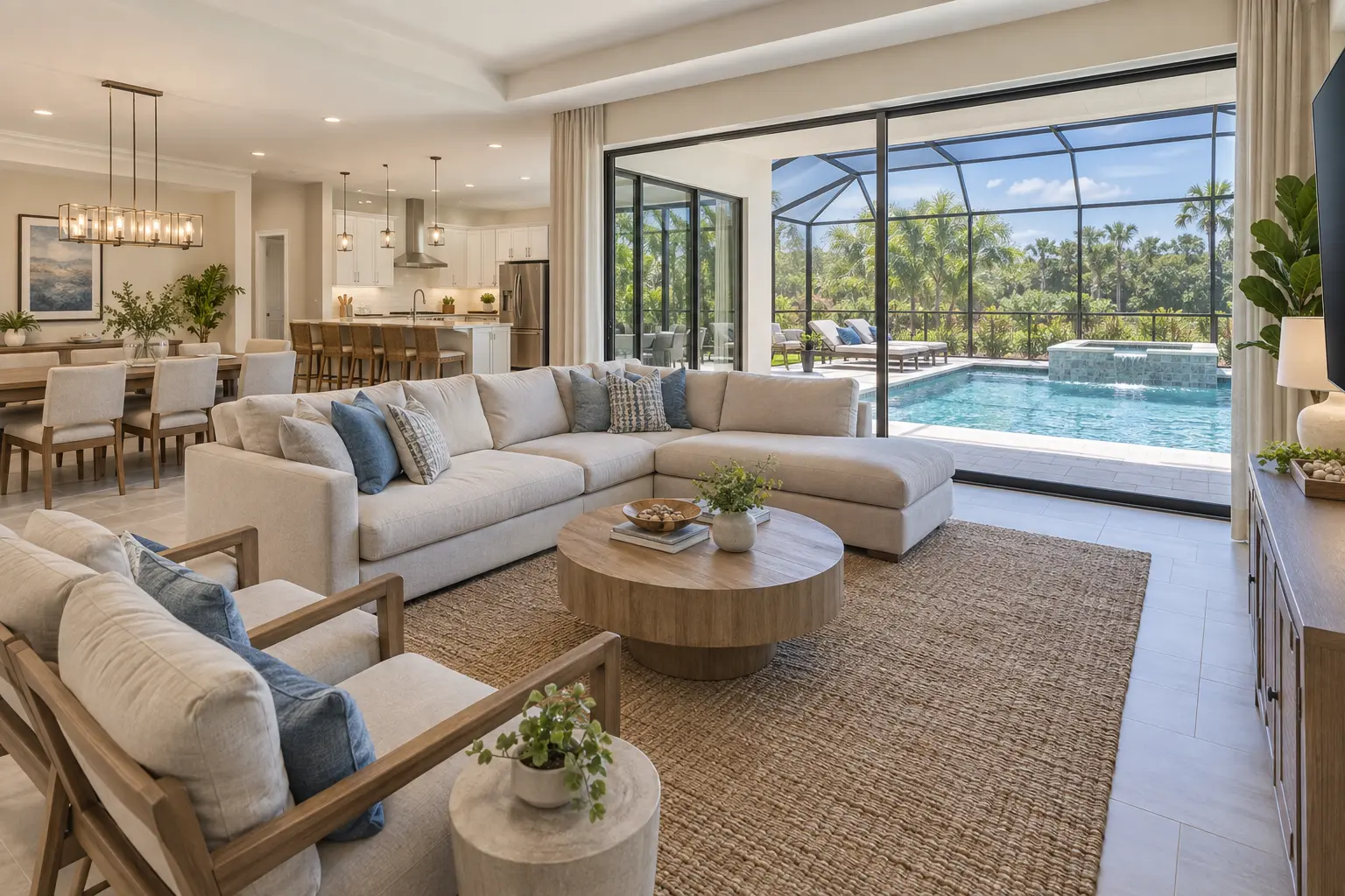 Illustrative spacious gathering room with a large sectional and dining area overlooking a screened private pool and spa, inspired by Villatel Village at Solterra.