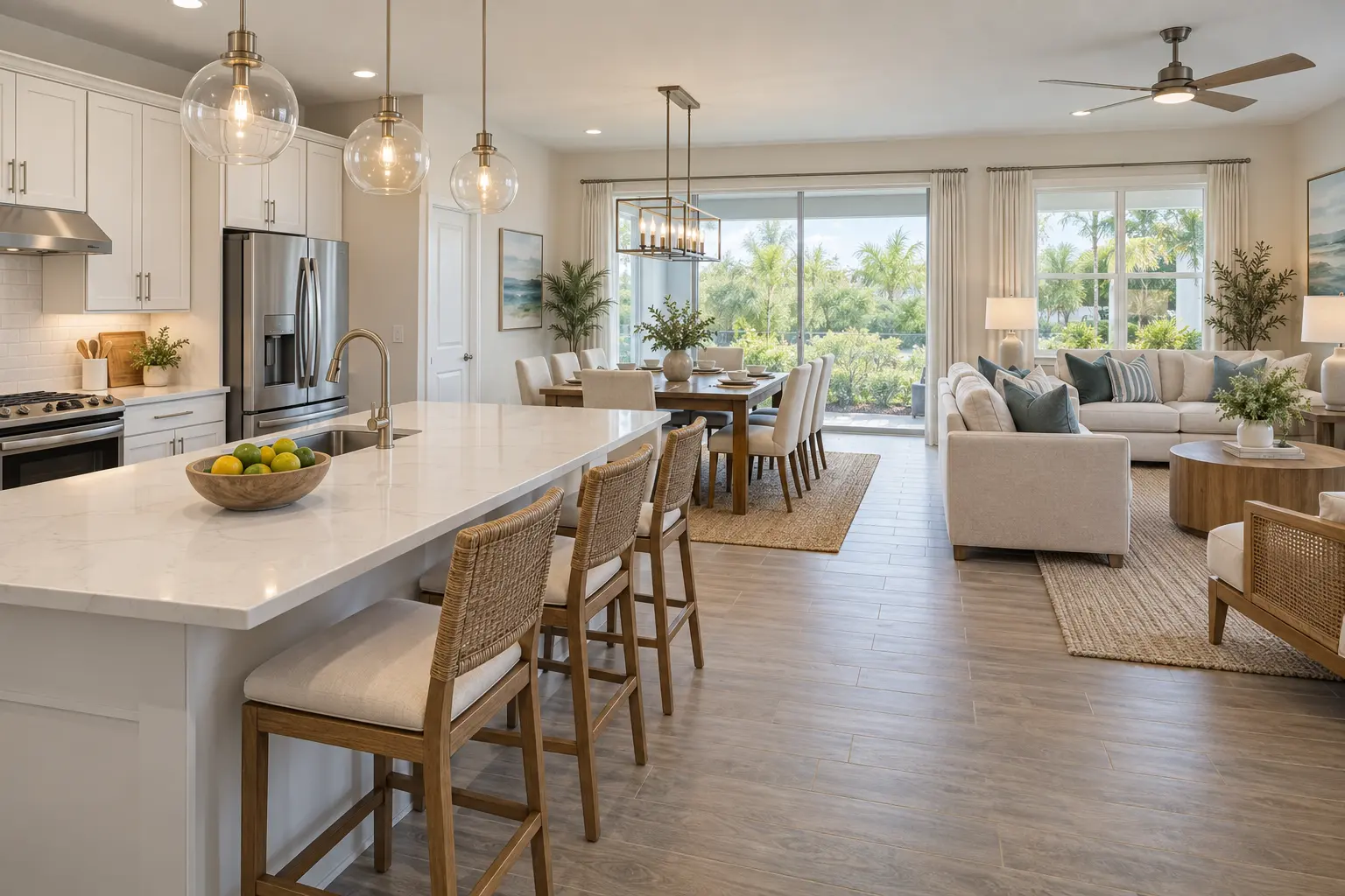 Illustrative open-plan vacation-home interior with a large kitchen island, dining table and connected lounge for family gatherings.