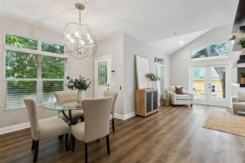 Seamless flow from living, to dining, to kitchen.