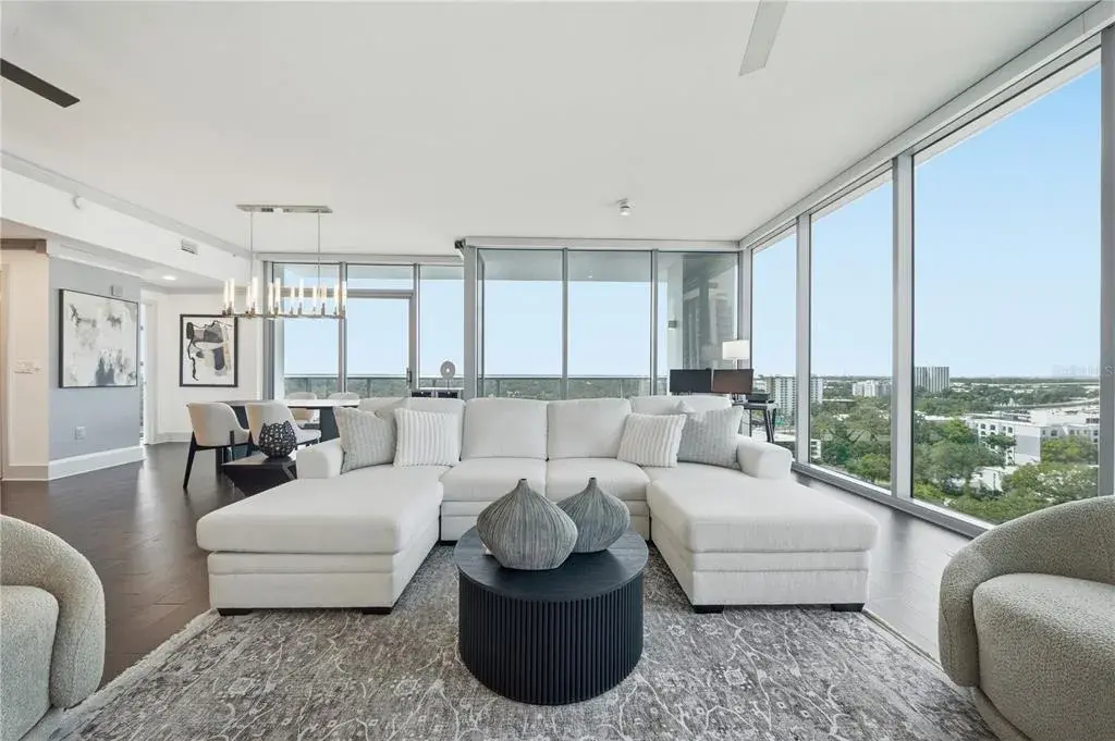 Living Room | Downtown Orlando’s layered skyline becomes the backdrop to the main living space