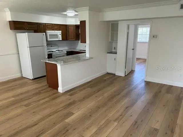Living Room looking into Kitchen with Breakfast Bar and room for stools