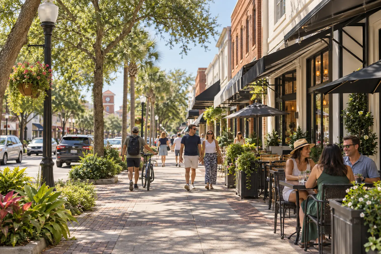 Illustrative view of Plant Street in historic downtown Winter Garden, with low-rise storefronts, shaded sidewalks, outdoor dining and people strolling.