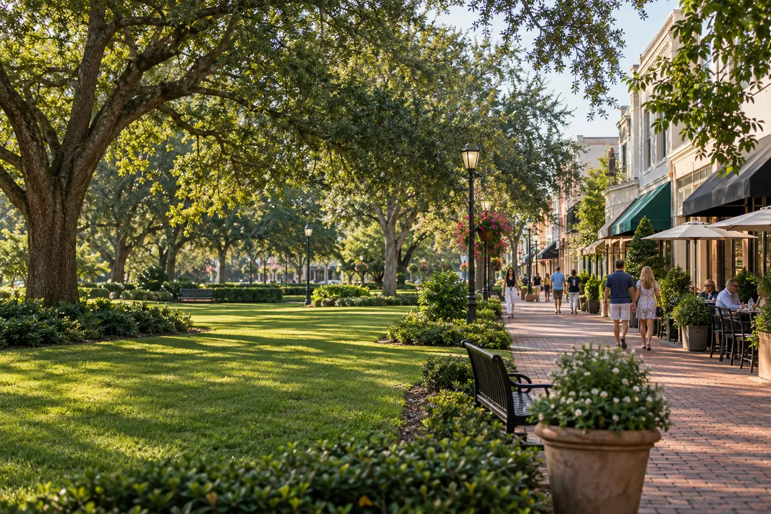 Illustrative view of Central Park and Park Avenue in Winter Park, Florida, with shaded lawns, mature trees, brick paving and low-rise storefronts.