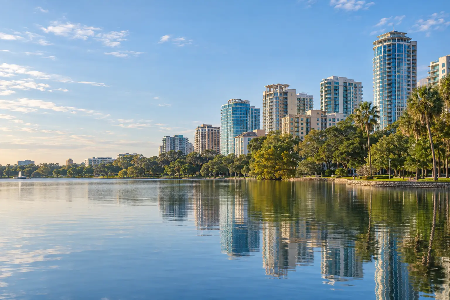 Lake Eola framed by green parkland, with downtown Orlando residential towers beyond the water.