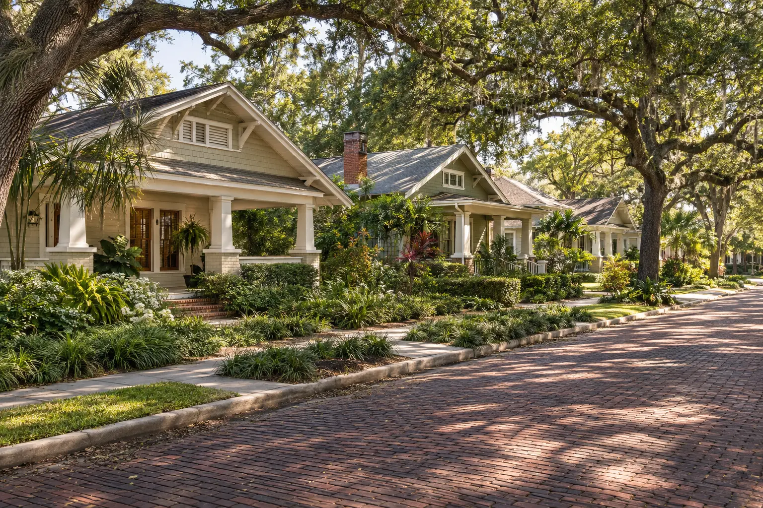 Illustrative central Orlando streetscape with historic-style bungalows, shaded front porches and a brick street beneath mature trees.