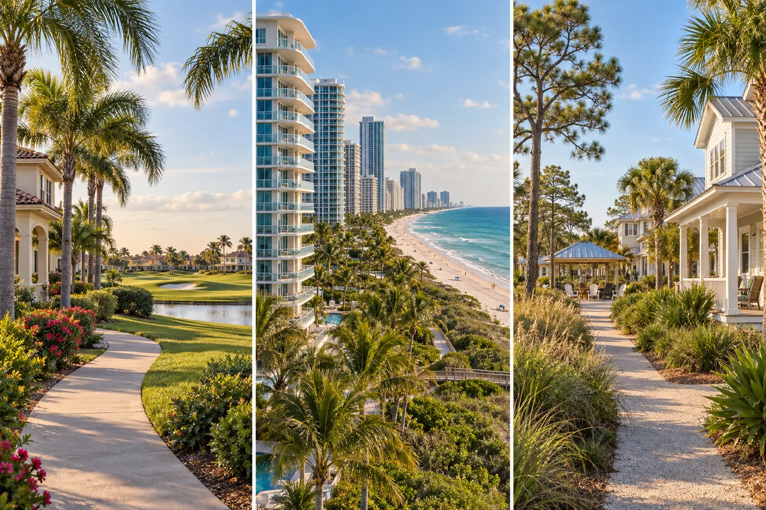 Three Florida community settings: homes beside golf greens, coastal condominium towers, and porch-front beach homes along a pedestrian path.