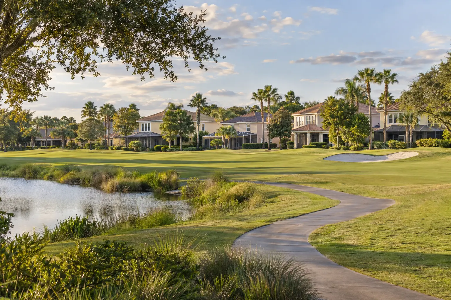 Illustrative Central Florida resort neighborhood with stucco homes overlooking landscaped golf grounds, palms and a curving path.